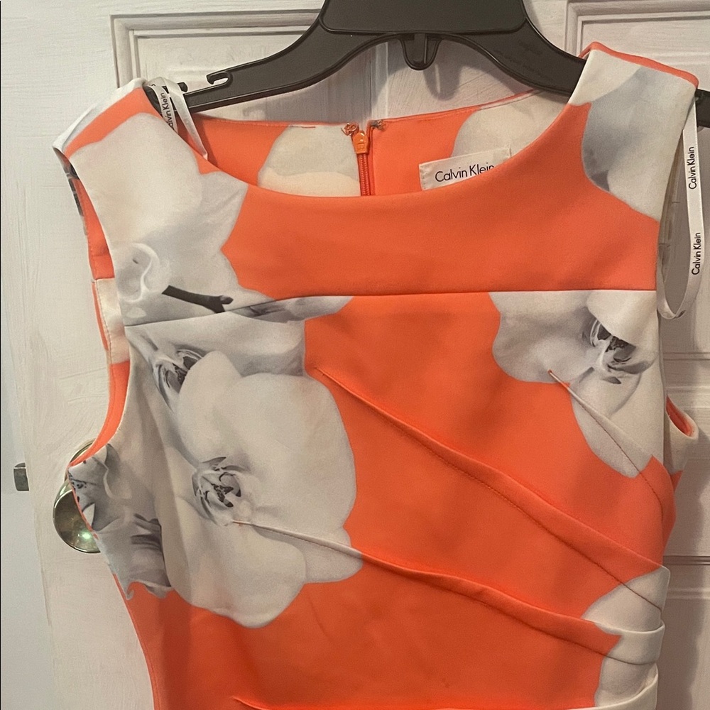 Calvin Klein Vibrant Orange Dress with White Floral Design